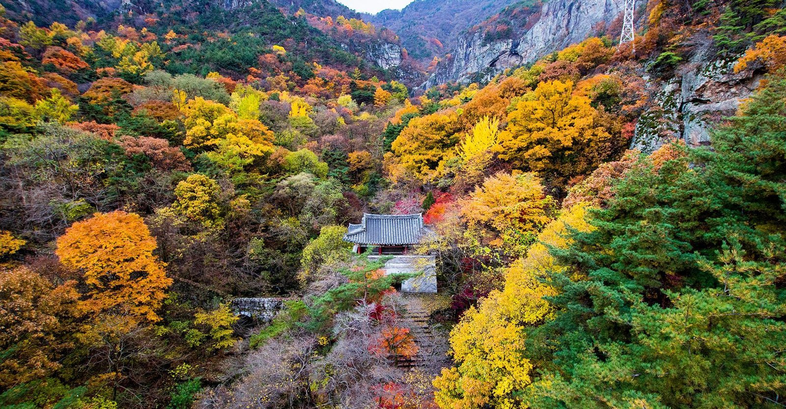 단풍으로 물든 골짜기 속 금오산성의 기와 건물과 돌계단